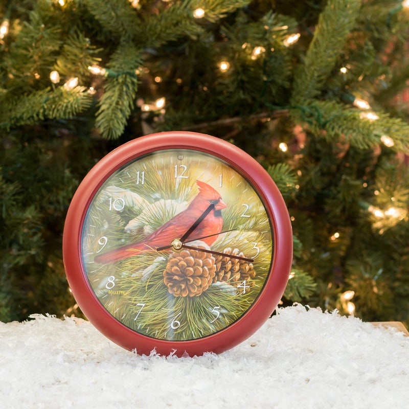 Mark Feldstein & Associates Mark Feldstein Wild Wings December Dawn Cardinal Round Red Frame 8 Inch Christmas Bird Sound Wall Clock - Image 2